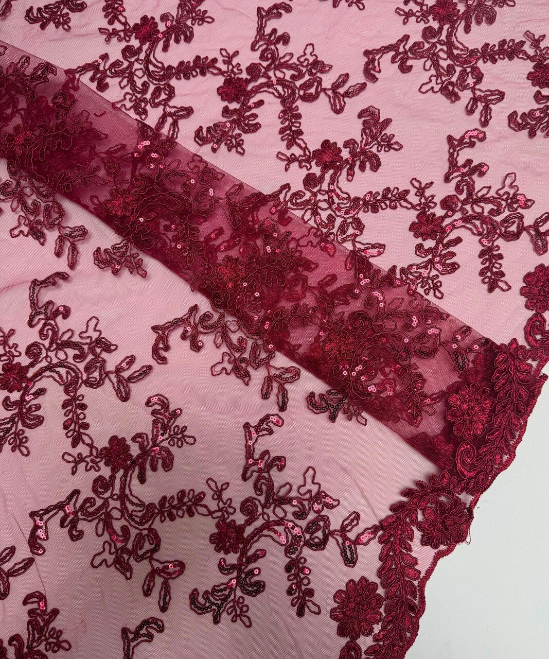 Burgundy Sequin Embroidered Lace Fabric by the Yard, 54" Wide Floral Mesh Lace with Double Scalloped Edges